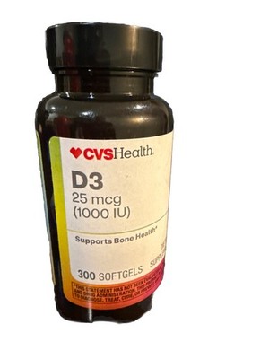 CVS Health D3 - 25 mcg ( 1000IU) - 300 Softgels Supports Bone Health Exp 04/27