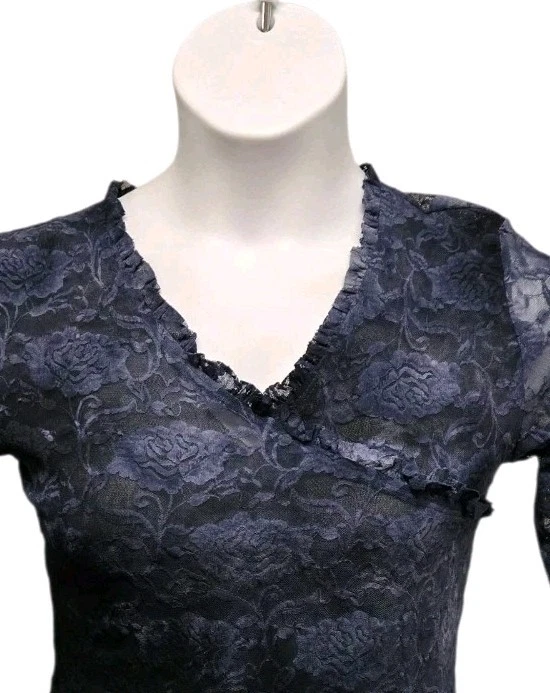 Nicola женщин средний джинсовой ткани синий 3/4 рукав эластичной кружева чистый Топ V шеи Y2k - Изображение 3 из 4