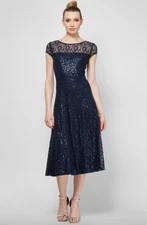 SL Fashions Tea Length Sequin Lace Party Dress w/ Cap Sleeve, Navy Sz 16 a639204