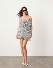 ASOS Edition Sequin Fringe Mini Bandeau Dress Silver Sz 2 Costume Holiday