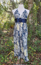 BCBG Babydoll Maxi Dress Womens 6 Blue Floral Silk Slip Halter Neck Fairy Y2K