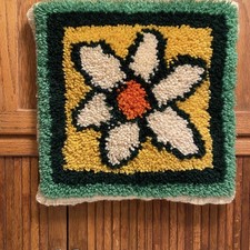 70s Mod Flower Latch Hook Rug: Shag Textile Wall Hanging Boho Decor Vintage MCM