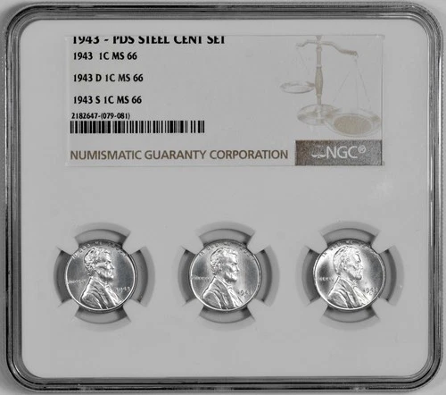 1943 P D S 1c Lincoln Steel Wheat Cent Set NGC Graded MS 66 Three Coin Holder