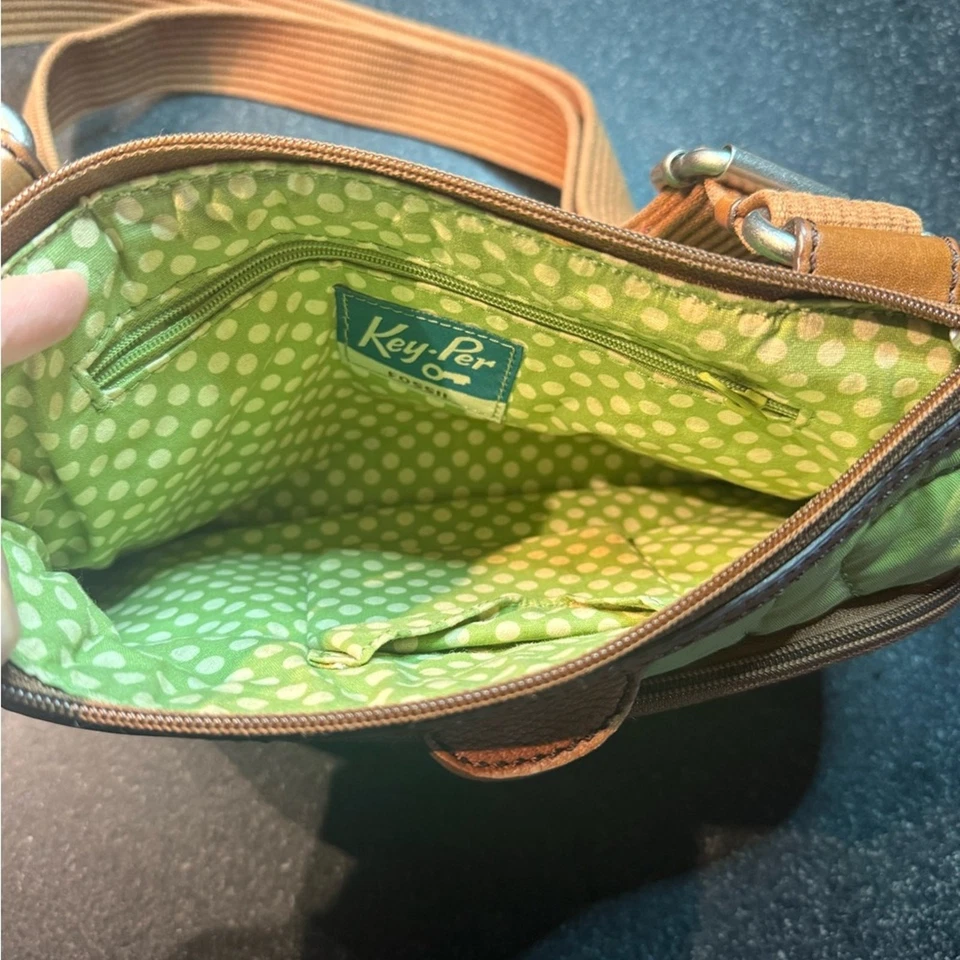 Fossil Key-Per Olive Green Quilted Floral Crossbody Bag with Polka Dot Lining - Image 4 of 4