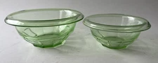 2 Vintage Green Uranium Hazel Atlas Glass Nesting Mixing Serving Bowls 6.5” 5.3”
