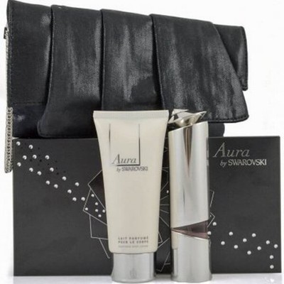 Swarovski Aura 3PC Set 1.7oz EDP Refillable Spray+3.5oz Body Lotion+ Pouch NIB