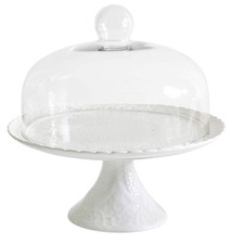 12 Inches White Porcelain Cake Stand-Cupcake Stand with Glass Dome