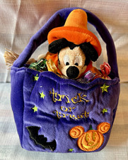 Disney Mickey Mouse Halloween Trick or Treat Plush Purple Bag w/ Orange Hat