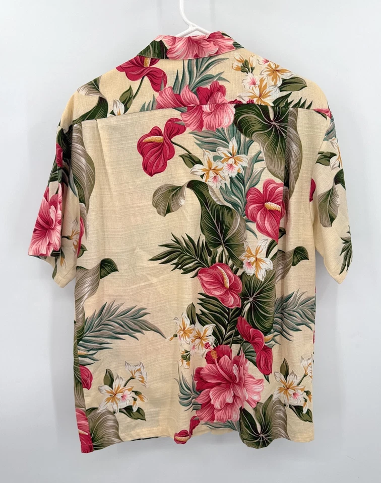 Vintage Iolani Hawaiian Shirt Men's Sz M Button-Up Tan Floral - Image 3 of 4