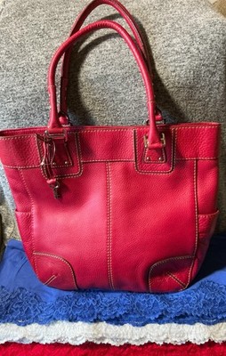 Fossil Red Pebble Grain Leather White Stitched Snap Shoulder Bag Tote & Hobo
