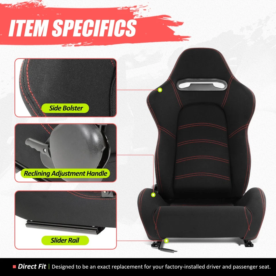 {Set of 2}Universal Black Woven Fabric Red Stitching Reclinable Racing Seats L+R - Изображение 2 из 4