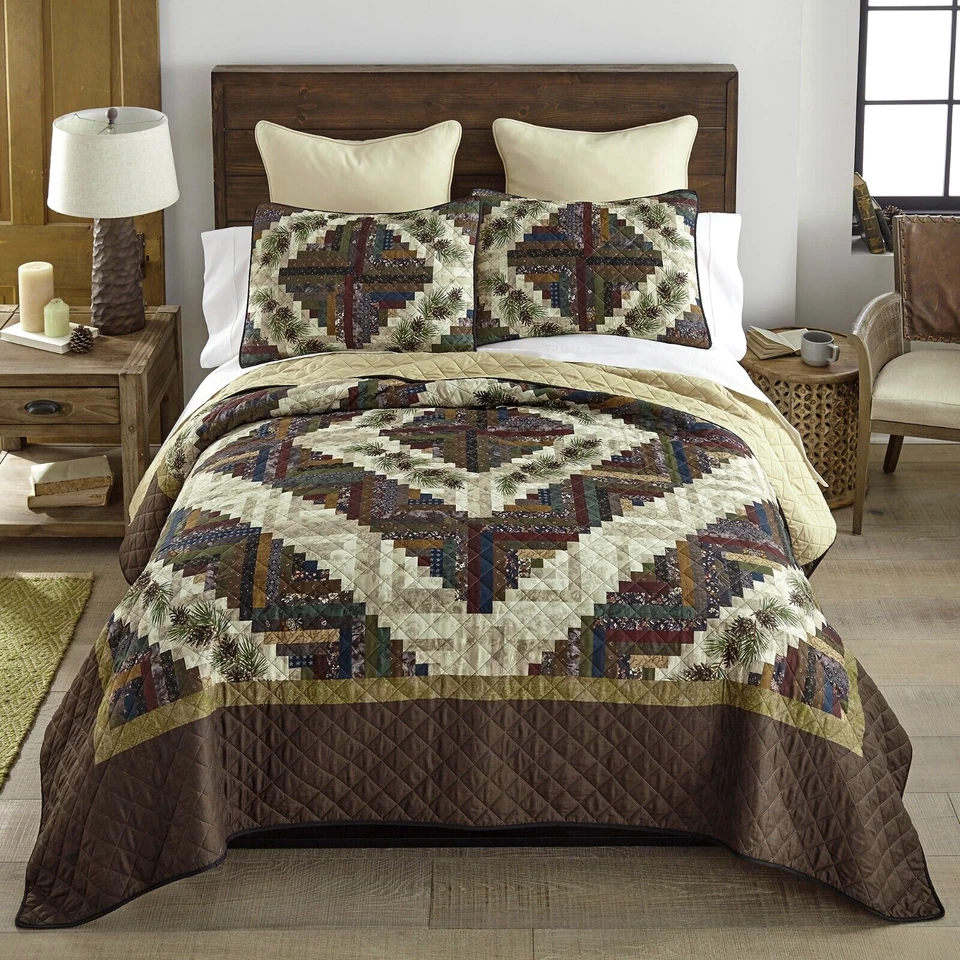 Donna Sharp Whitley 3 -Pc Queen Quilt Set Plaid Rustic Log Cabin Brown Tan New - Image 2 of 4