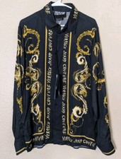 VERSACE JEANS COUTURE Mens Button Twill Panel Chromo Black Gold Shirt SZ 46 (S)