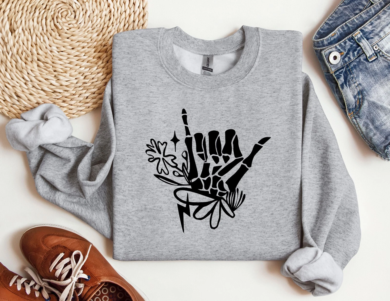 Homebody Sweatshirt with Skeleton and Skull Floral Design