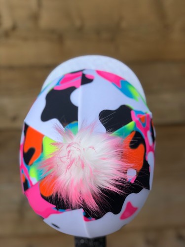 Horse Riding hat silk Pom, Button Top rainbow camouflage neon sparkly peaks - Picture 12 of 24