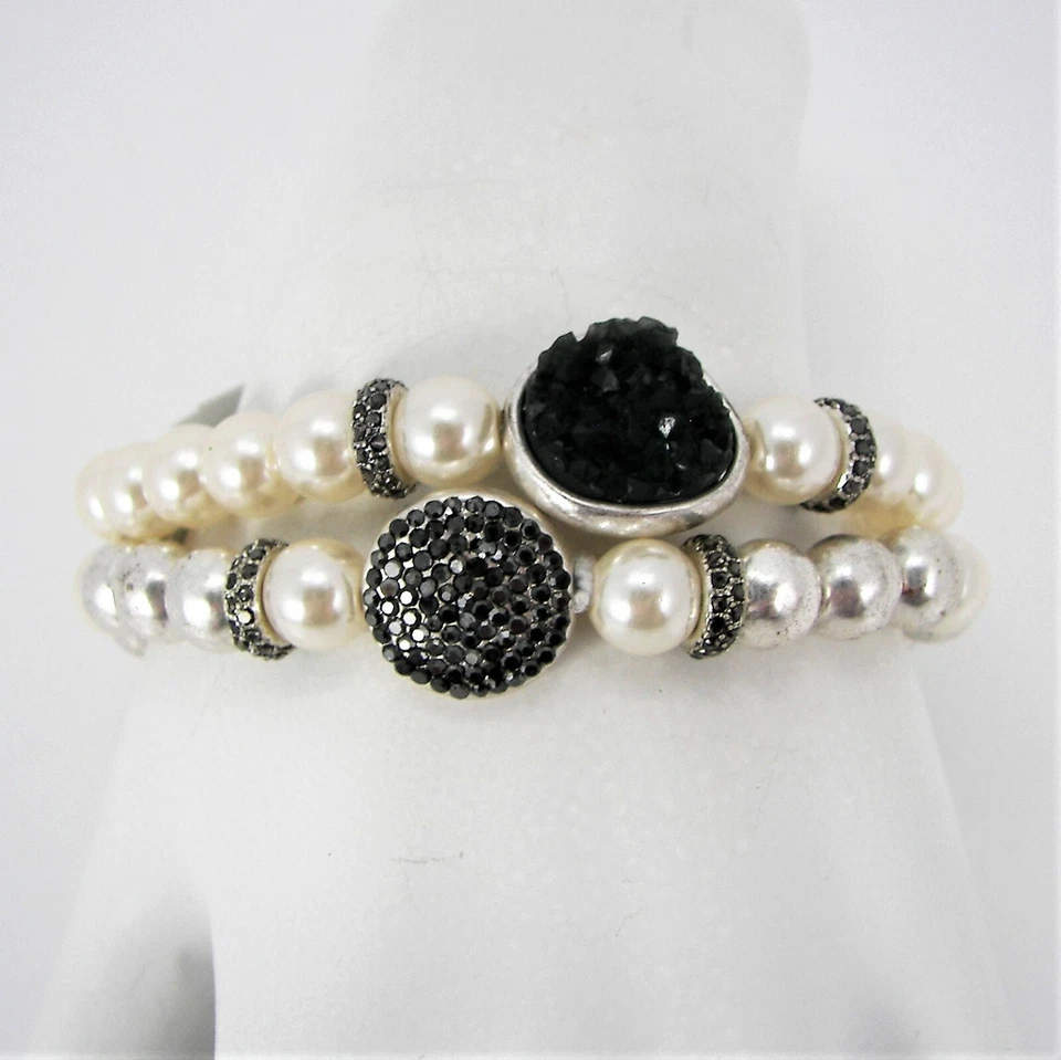 Juego de 2 brazaletes elásticos Lucky Brand piedra druzy cristal imitación perla tono plata Foto 4 de 4