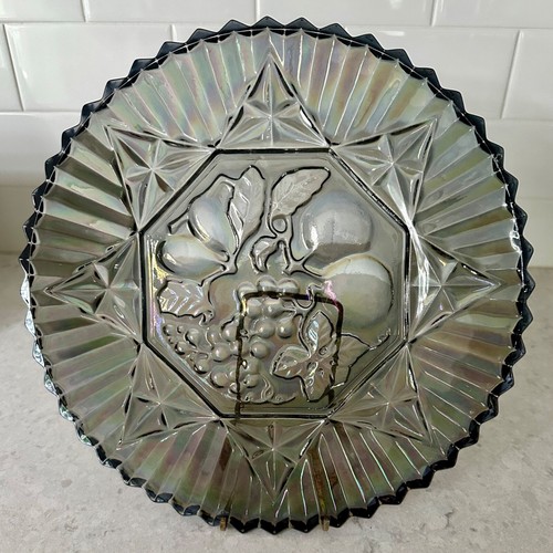 Federal Carnival Glass Pioneer Fruit 11" Platter in Smokey Gray Iridescent Smoke - Picture 2 of 6