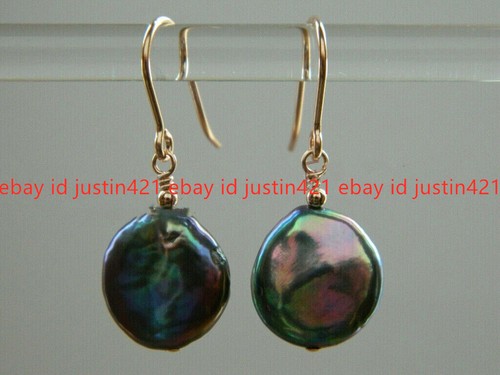 11-12mm Natural Peacock Black Freshwater Coin Pearl Gold Hook Dangle Earrings - Picture 9 of 12
