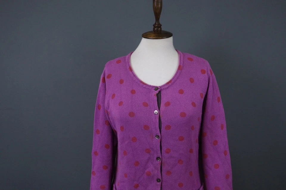 GUDRUN SJODEN Purple Red Cotton Polka Dot Button Front Cardigan Sweater Size M - Image 2 of 4