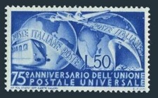 Italy 514, MNH. Michel 772. UPU-75, 1949. Transportation, Globe.