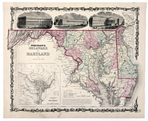 1862 MARYLAND DELAWARE Map ORIGINAL (15x12) Johnson DISTRICT COLUMBIA