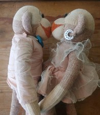 Vintage Designed Hand Made Sock Monkey Doll Couple Pink Handmade Clothes Darling
