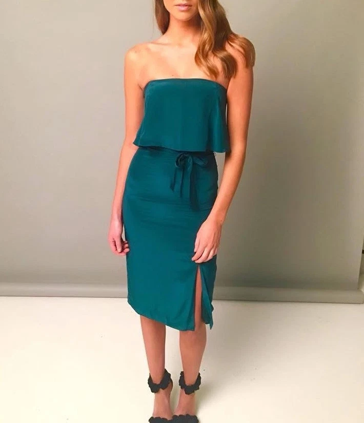 KOOKAi Veleta Silk Teal Green Strapless Midi Dress Size 38 / M / 10AU / 6US - Image 3 of 4