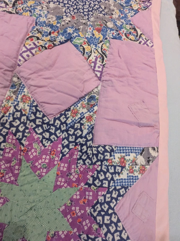 Vintage handmade quilt blue floral star cotton primitive As Is - Image 3 of 4