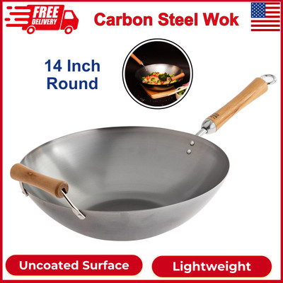 14 Inch Carbon Steel Wok With Birch Handles Classic Round Bottom Stir Fry Pan