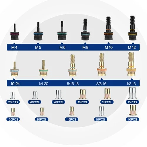 WORKPRO 16" Kit de Ferramentas de Rebite 11 Mandris Métricos e SAE Conjunto de Ferramentas de Rebite de Porca Manual - Imagem 3 de 4