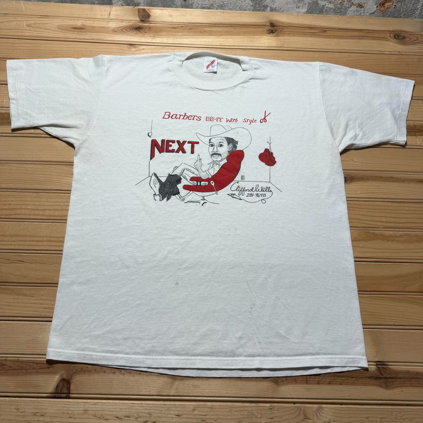 Vintage 80s Clifford Wills Barber's Do It With Style Cartoon Shirt Size XL