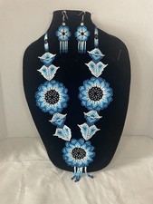Artisan Handmade Beaded Floral Necklace With Matching Earrings Set.
