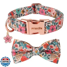 PTDECOR Flower Dog Collar with Bow Tie, Metal Buckle, Multi Size, Adjustable 