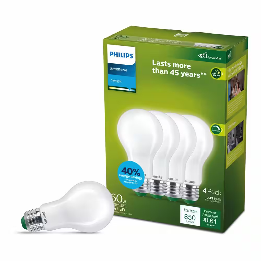 60-Watt Equivalent A19 Ultra Efficient Frosted LED Light Bulb 5000K 4-Pack