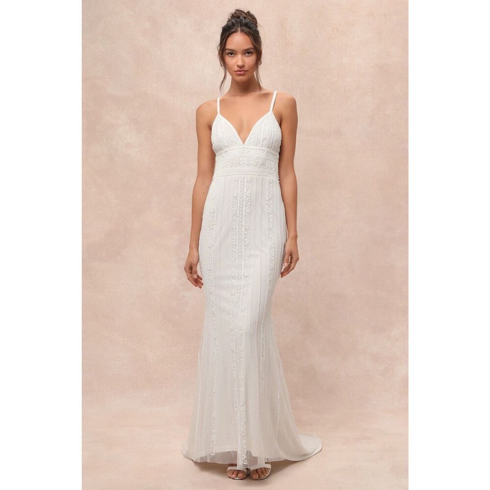 Lulus Luxe Stunning Vow White Beaded Sequin Maxi Dress Size L NWT Wedding