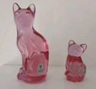 Lot of 2 Vintage Fenton Handmade Pink Glass Sitting Cat Figurines 5 1/4" & 2 3/4