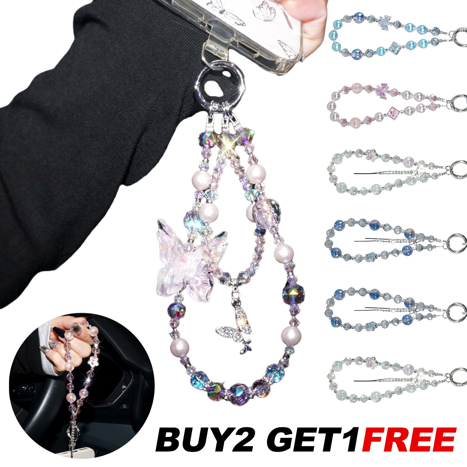 Bling Butterfly Crystal Lanyard Cell Phone Bag Strap Wristlet Keychain for Women