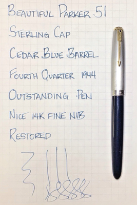 #ad #ad Parker 51 Vacumatic Filler Cedar Blue Barrel Sterling Cap Fine 14K Nib Restored $275.00
