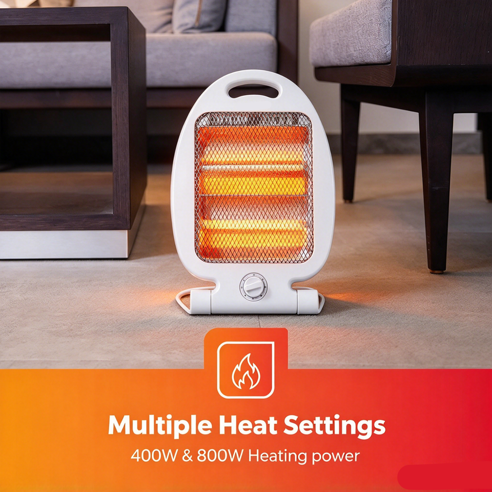 800W Portable Electric Halogen Heater White Double Quartz Tip Over ...