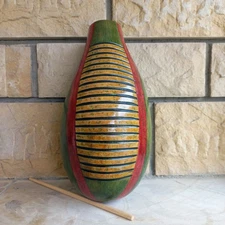 Artisan Hand-Carved Gourd Güiro - Green, Red & Natural Finish