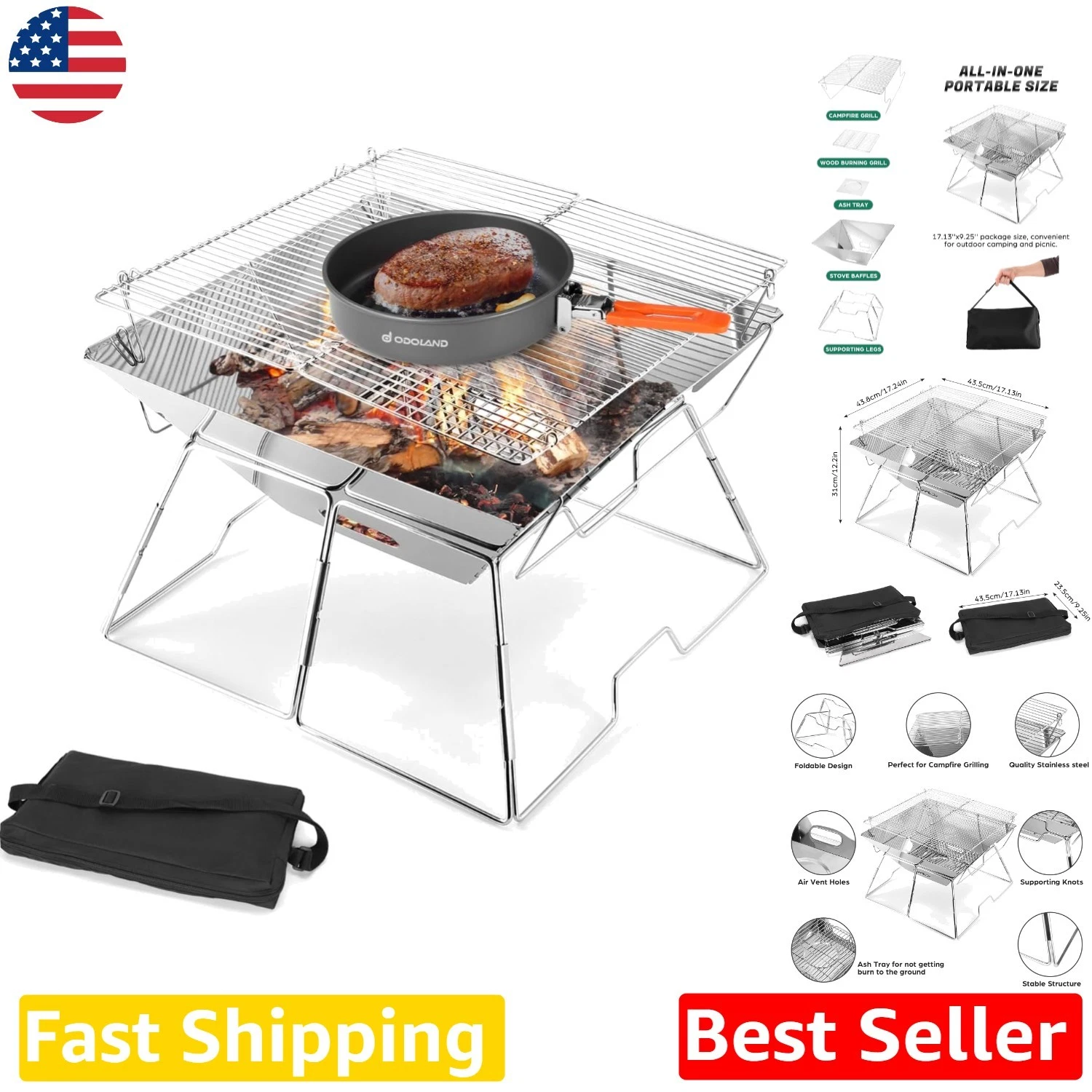 Durable Folding Campfire Grill - 304 SS, Portable, Outdoor Cooking, Carrying Bag