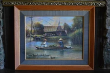 Vtg Painting - Riverside Village Life Thailand Southeast Asia - Signed Framed