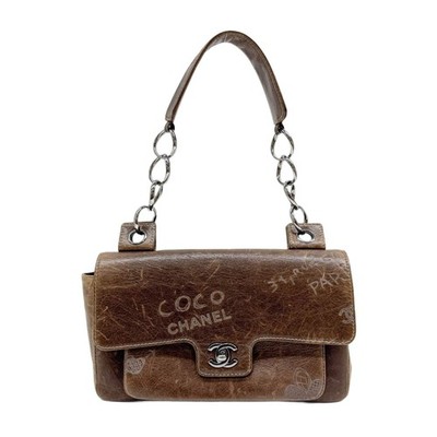 CHANEL Mademoiselle 2003-2004 Graffiti Brown Leather Shoulder Bag