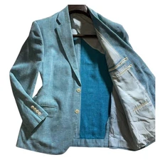 LANVIN Tailored Jacket Linen Silk Blend Blue 46 M Luxury Men’s Blazer F/S