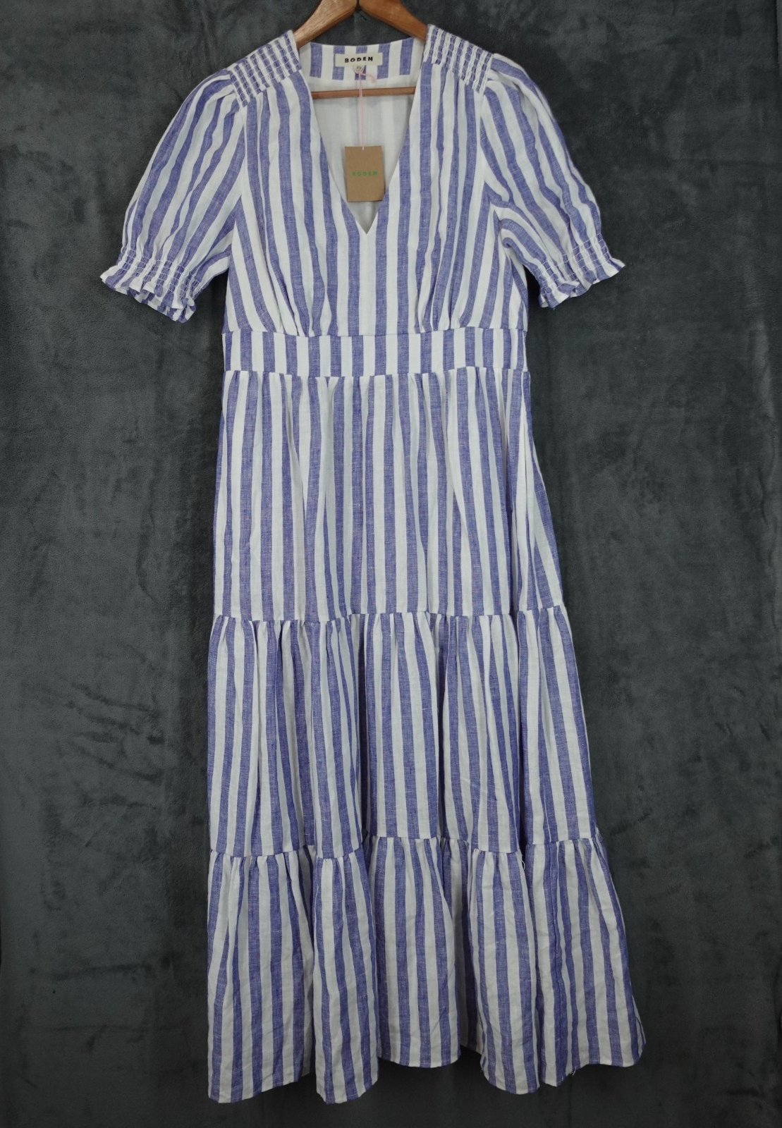 Boden Midi Dress Women UK 16 Blue White Tiered Anna Linen Striped A Line Boho
