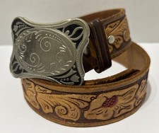 Colter House Jackson Hole WY Tooled Leather Belt Nickel Silver Buckle Women s 34
