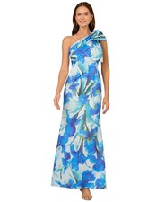 Adrianna Papell Petite Printed Bow One-Shoulder Gown - Blue Multi - 6P