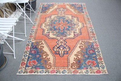 Turkish Area Rug 4,2x7,4 ft (127x225 cm), Orange Oriental Vintage Rug