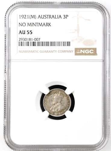 1921 M Australia 3 Pence, No Mintmark, NGC AU 55, KM-24