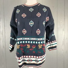 Vintage 80s Knitmakers Sweater Womens Medium Blue Floral 3/4 Sleeve Whimsigoth
